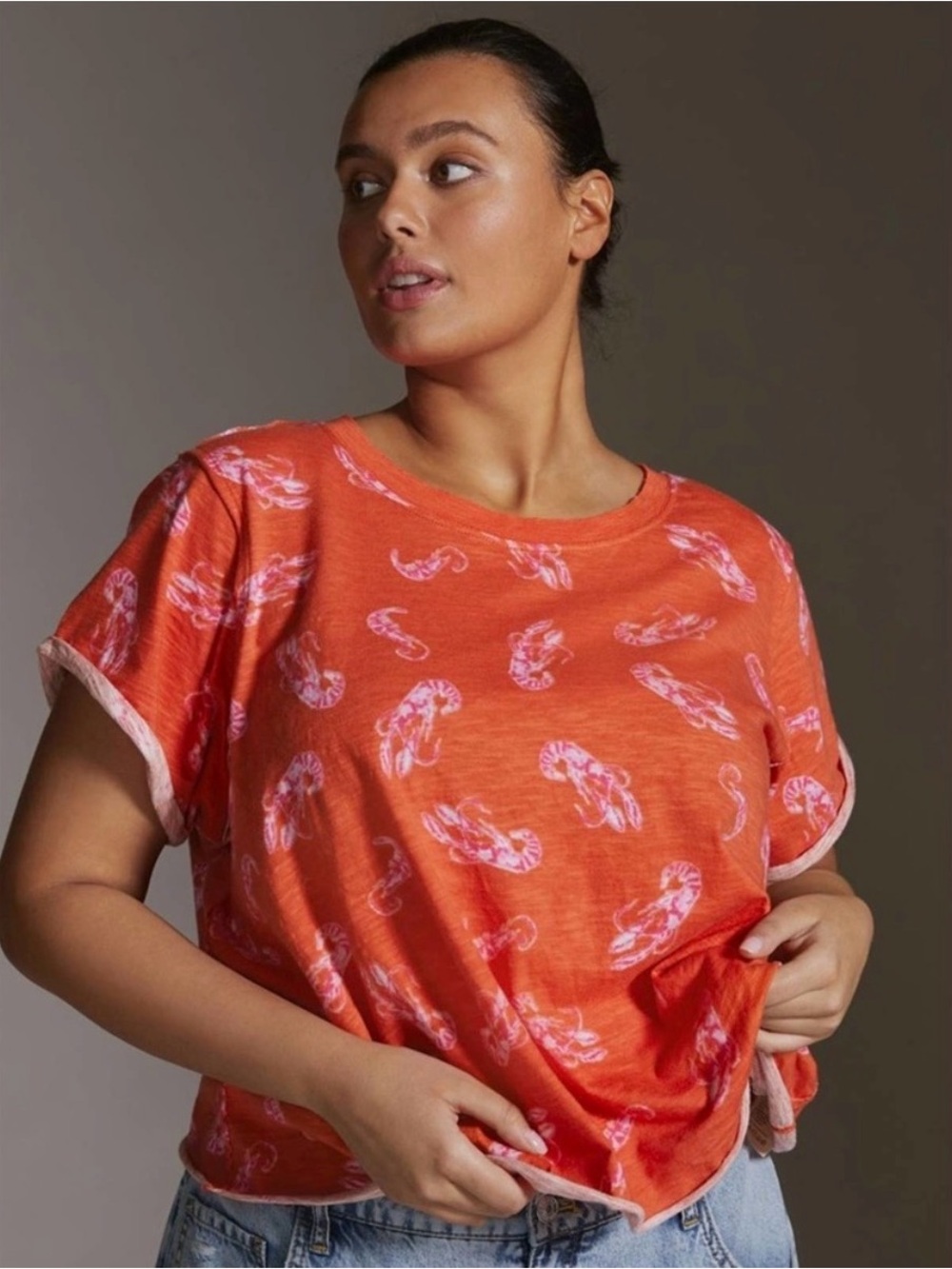 Maeve Anthropologie Orange Whimsical Shrimp Print Boxy Tee Small